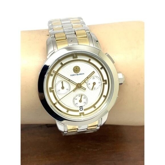 Tory Burch Women's Watch TBW1052 Quartz Chronograph Cream Dial Two Tone Steel - Picture 11 of 14